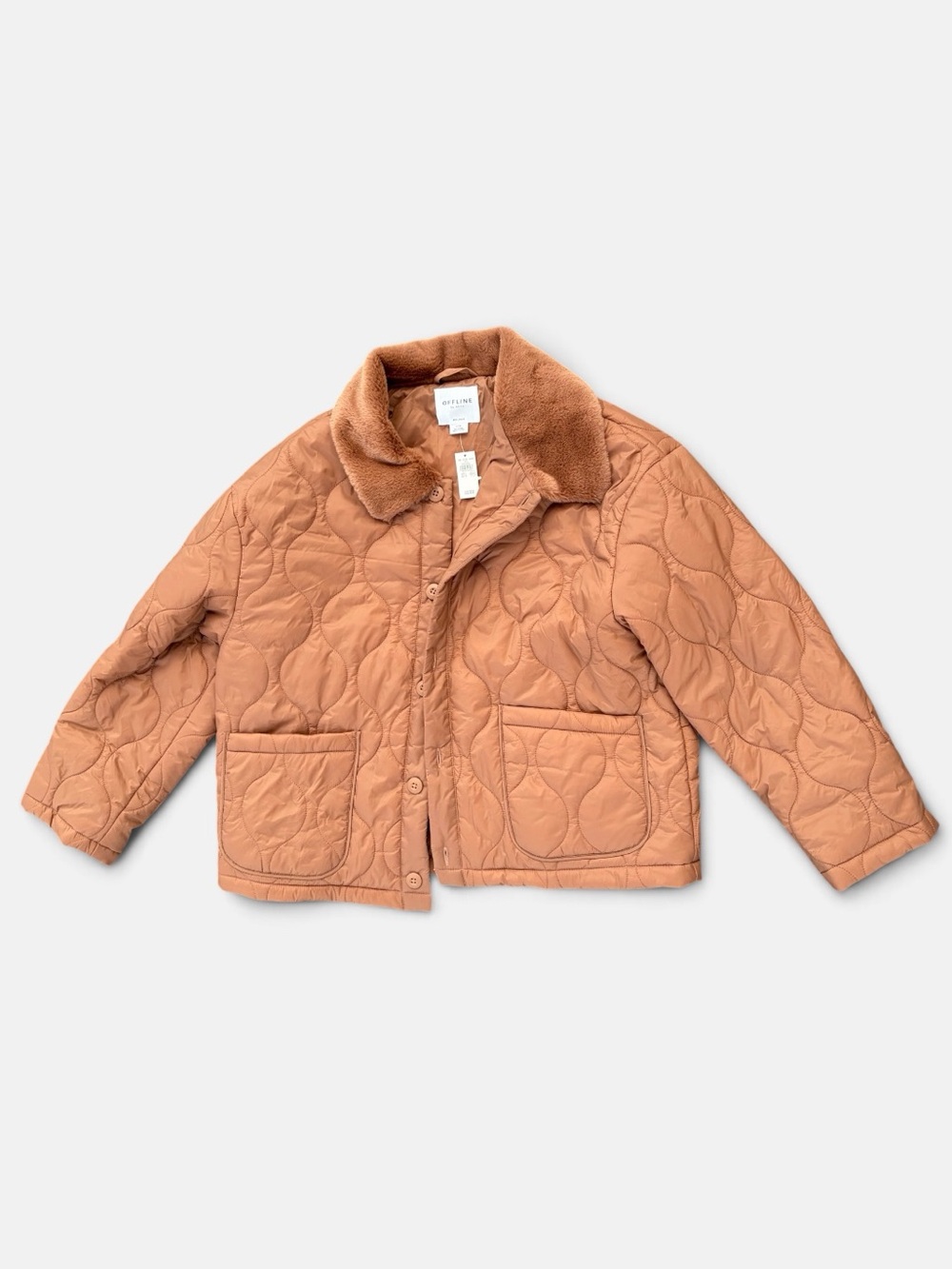 NWT OFFLINE by Aerie Quilted Jacket Faux Fur Collar Brown Size L